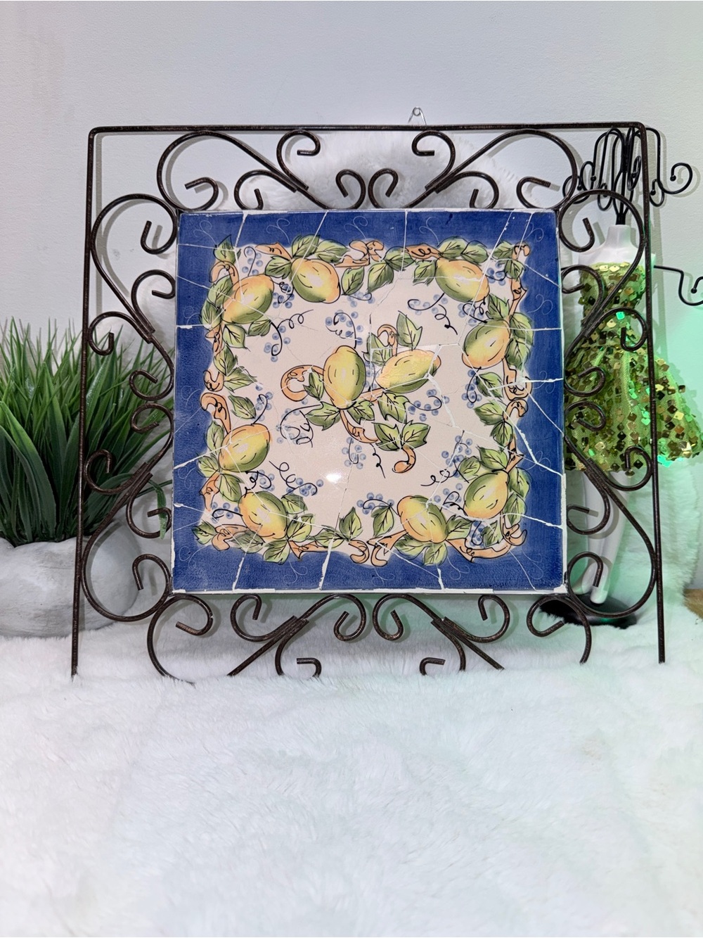 15” Ceramic on Scroll Iron Easel - Blue & Yellow Lemon Square Decorative Tile 🌎